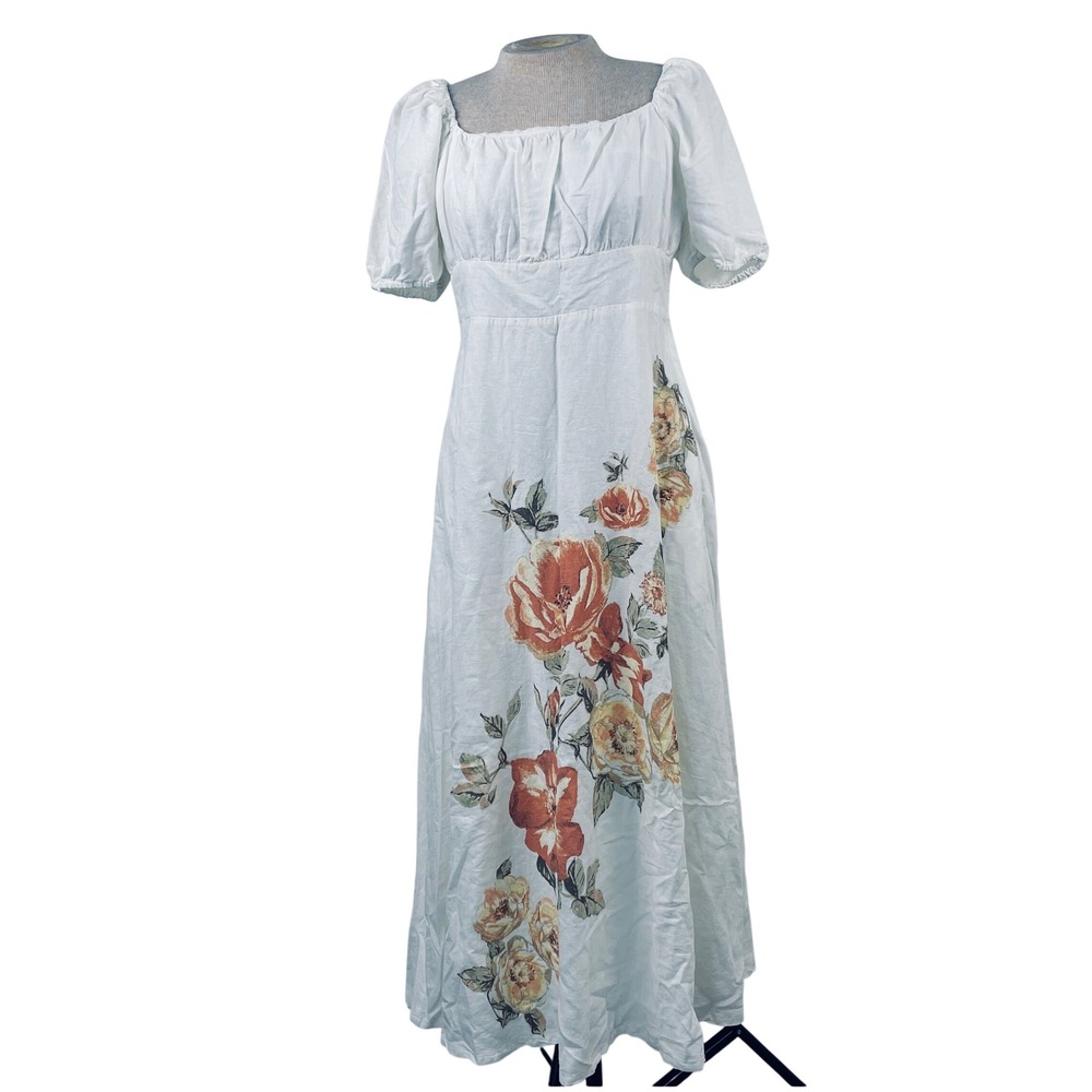 Joie White Linen Blend Floral Puff Sleeve Maxi Dress Size 8 Smocked Back Pockets